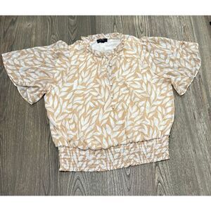 Haver London Womens Blouse Leaf Print Smocked Waist Top Beige White Size XL